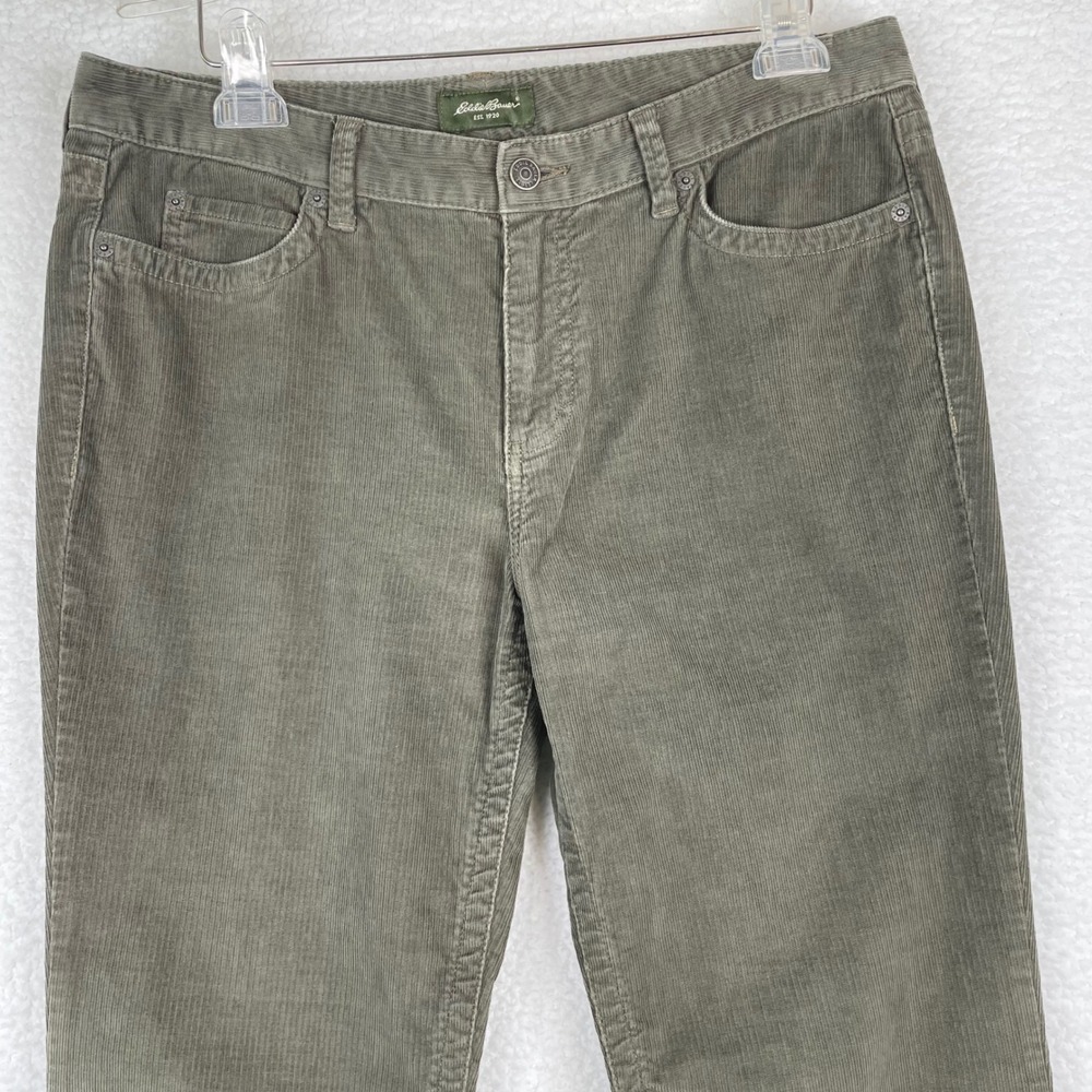 Eddie Bauer Womens Olive Green Corduroy Bootcut Pants Mid Rise Stretch Size 12L
